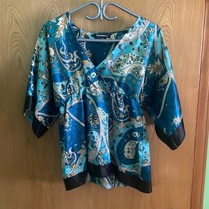 Dimri | blue pattern japanese style v neck Top satin feel | size S